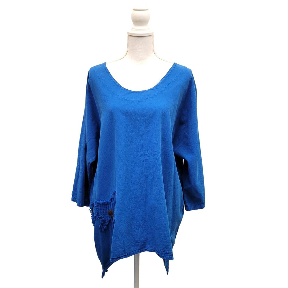 Cottonseed Wear Top Women's XL/1X Blue 100% Cotton Lagenlook Tropical Shark Bite